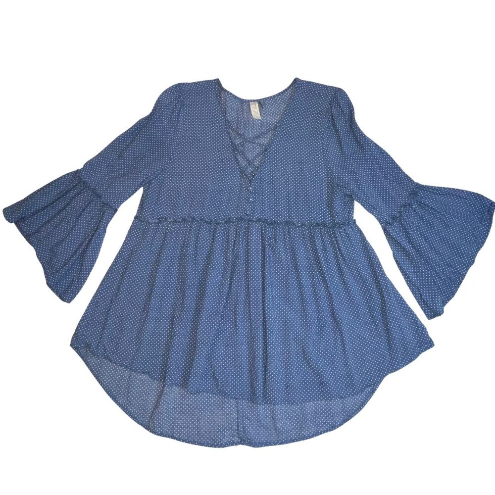 L Love Boutique Blouse Womens Large Blue Polka Dots Peasant Cottage Fairy Tunic
